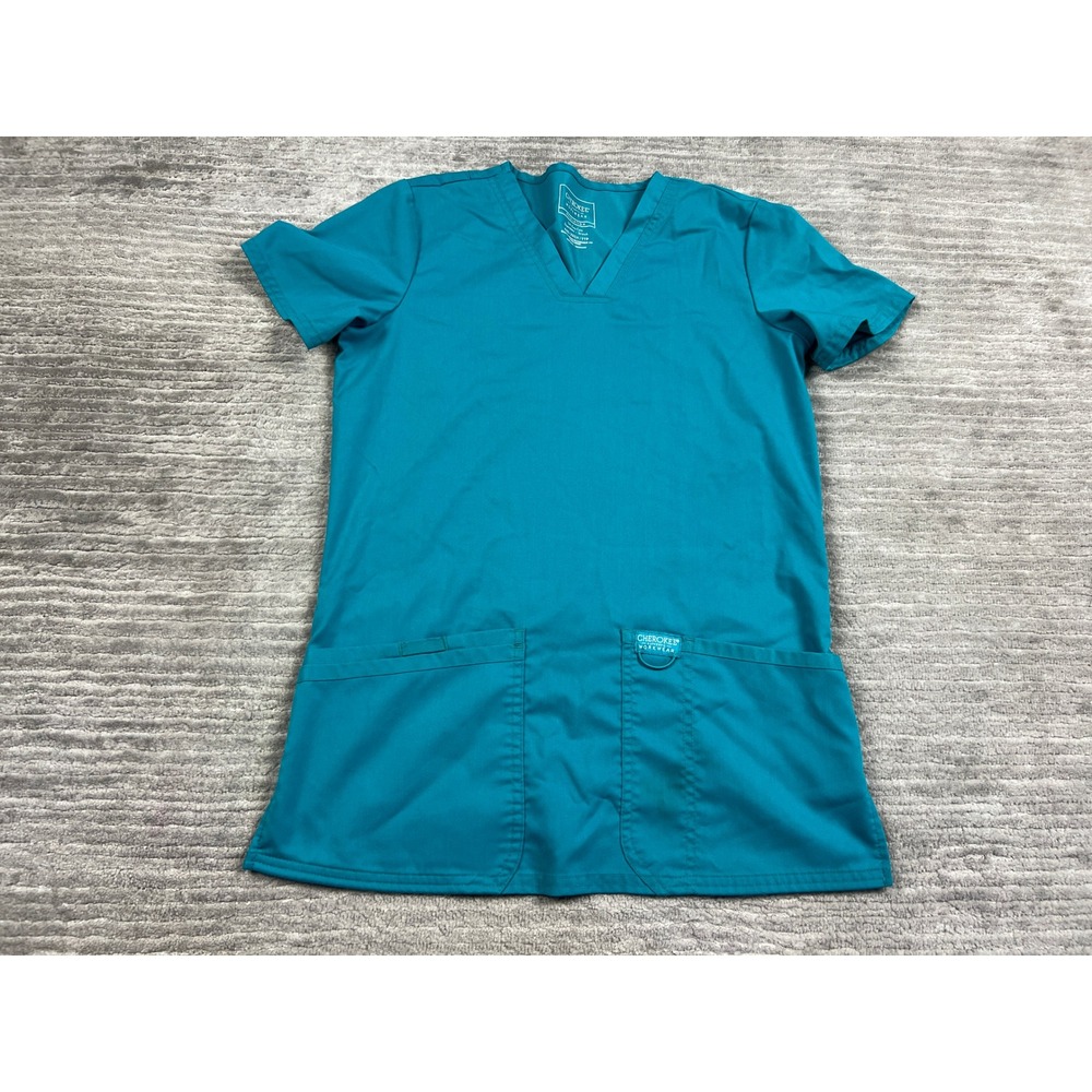 Cherokee Scrub Top Womens XXS Teal Blue Revolution WW620 V-Neck Stretch Pocket